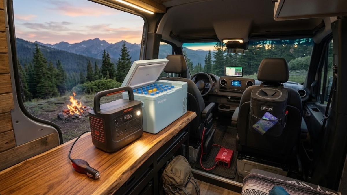 Long haul trucking gear featuring a Jackery power station, BougeRV refrigerator, BESTEK power inverter, HOTOR trash can, and Garmin truck GPS