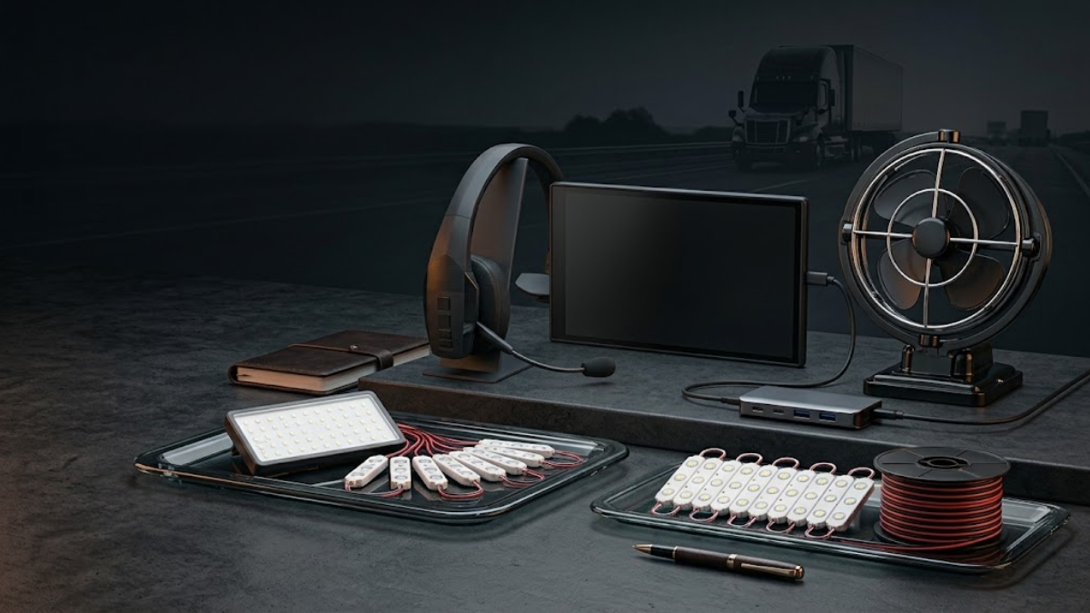 Long Haul Truck Cab Essentials featuring a BlueParrott headset, SEEKR fan, interior lighting, and Garmin GPS