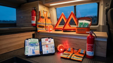 Roadside emergency gear featuring warning triangles, LED road flares, a high-visibility safety vest, first aid kit, and fire extinguisher