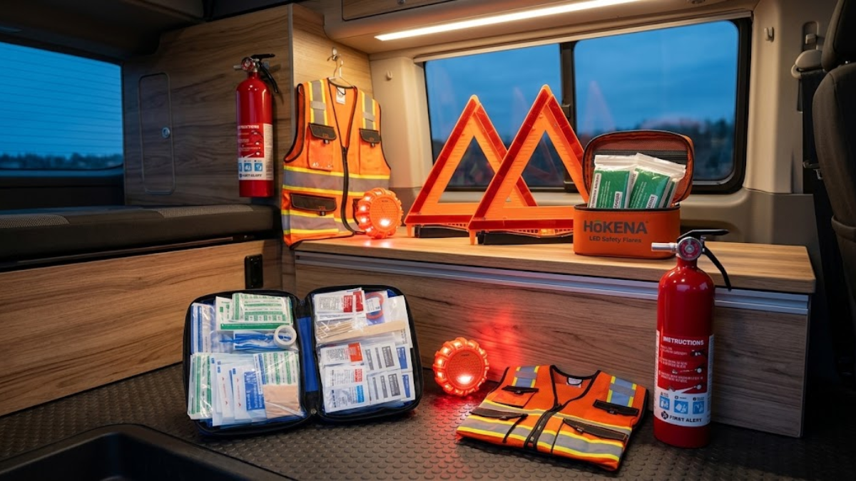 Roadside emergency gear featuring warning triangles, LED road flares, a high-visibility safety vest, first aid kit, and fire extinguisher