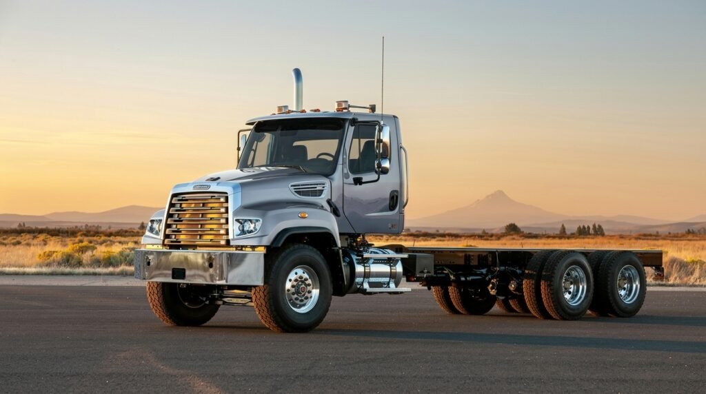 Parked Freightliner 114SD Plus showing its conventional truck design for heavy-duty vocational applications.