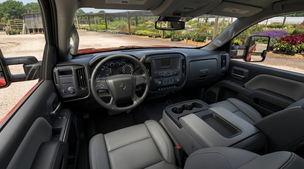International CV515 cab interior showing the dashboard, steering wheel, instrument panel, and driver controls.