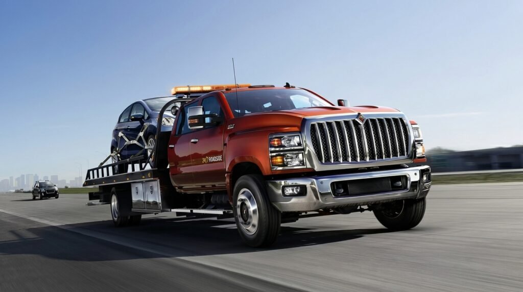 International CV515 rollback tow truck transporting a car on its flatbed while driving on the road.