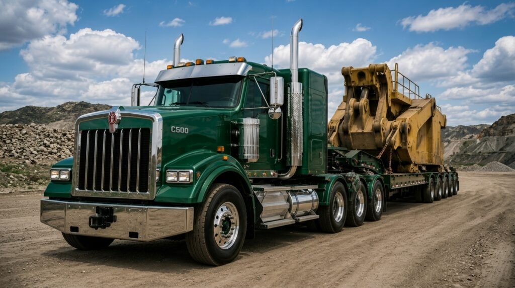 Kenworth C500 truck hauling a loaded trailer along a highway.