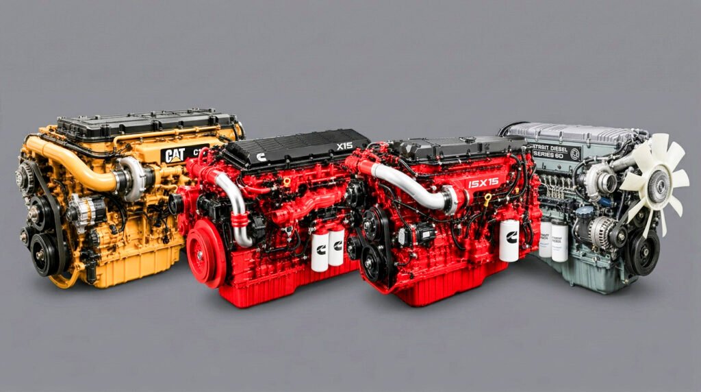 Four diesel engine families associated with different Kenworth C500 configurations: Cummins X15, Cummins ISX15, Caterpillar C15, and Detroit Diesel Series 60.