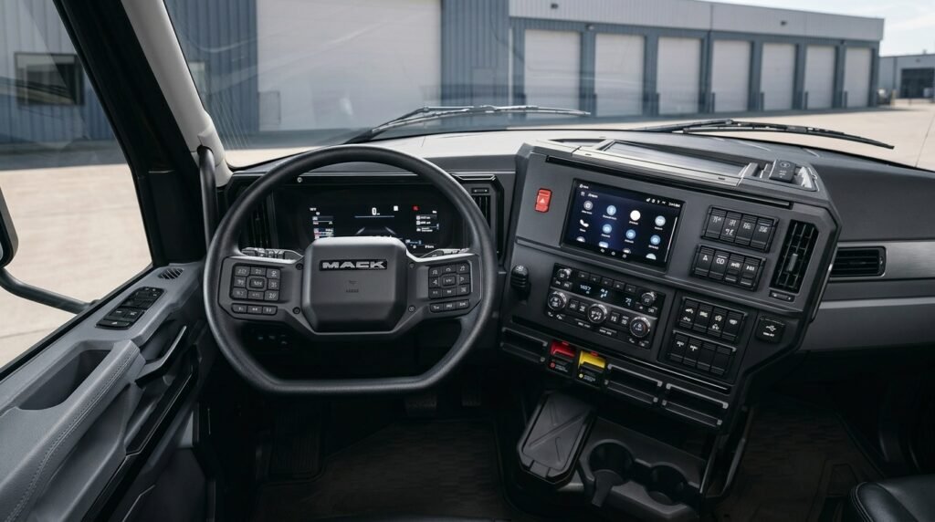 Redesigned Mack Anthem cab interior showing the dashboard and driver's seat