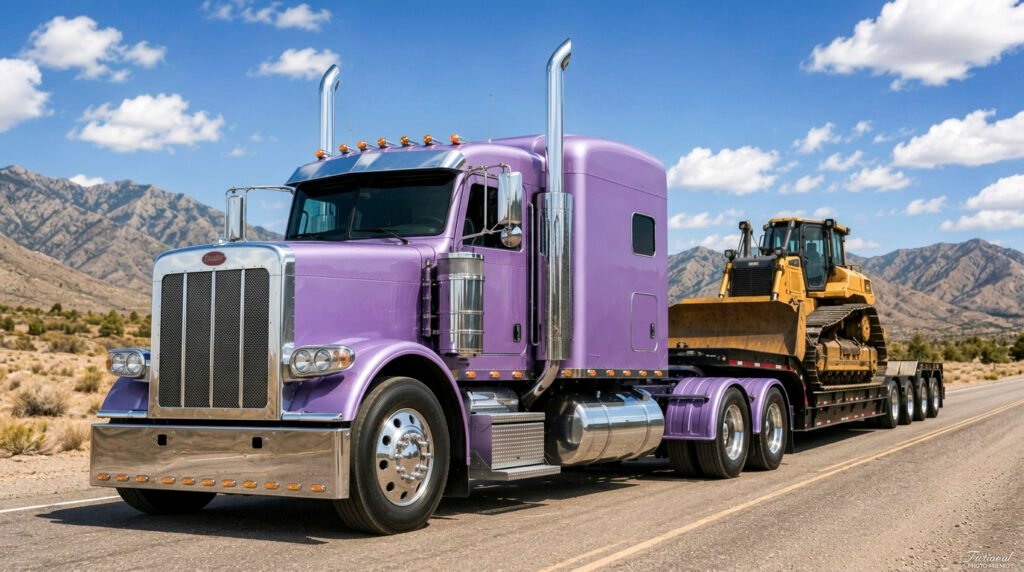 Peterbilt 389X conventional semi truck traveling on the highway while pulling a trailer