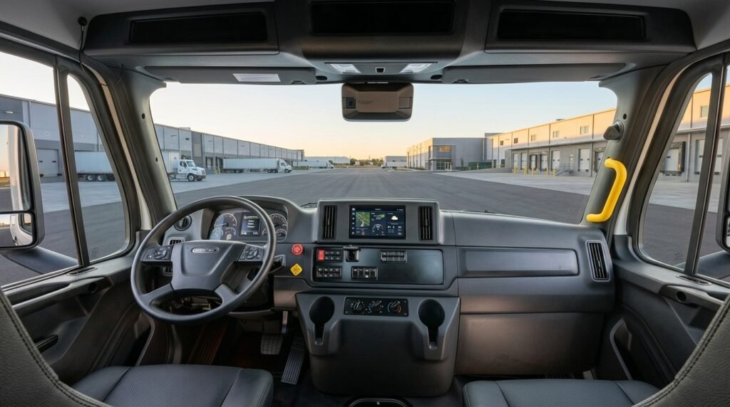 Interior of the Freightliner 114SD Plus cab showing the driver's seat, dashboard, steering wheel, and controls.