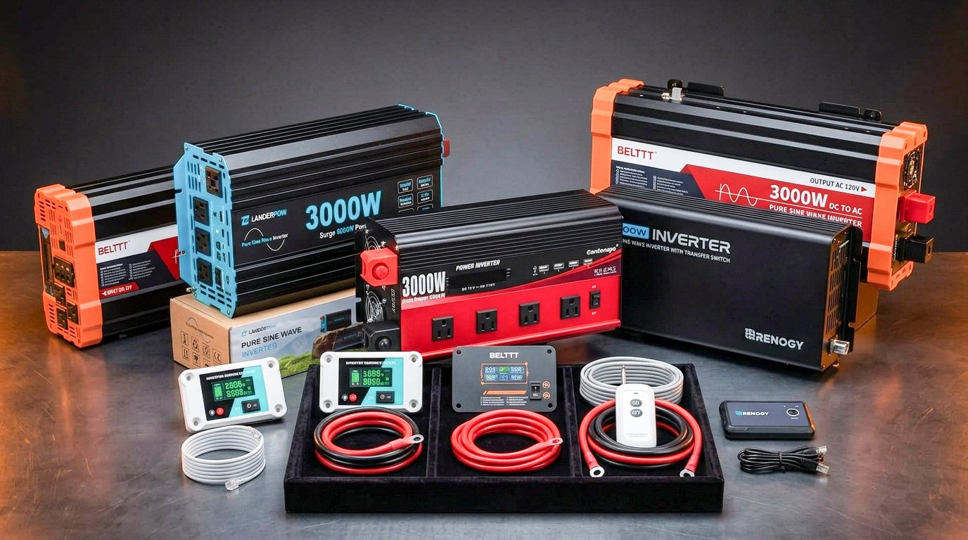 Five semi truck power inverters for OTR drivers, including BELTTT, LANDERPOW, Cantonape, and Renogy
