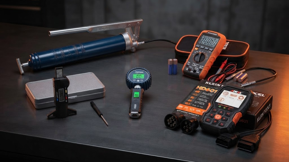 Five truck maintenance tools for long haul drivers including a heavy duty scanner, digital multimeter, tire pressure gauge, tread depth gauge, and grease gun